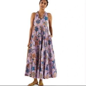 Anthropologie Lavender Maxi Dress with Blue & Mustard Floral Print